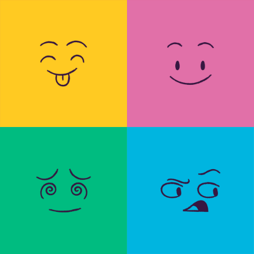 Collage of four colourful expressive faces to represent the team of GingrTech, provider of serious games
