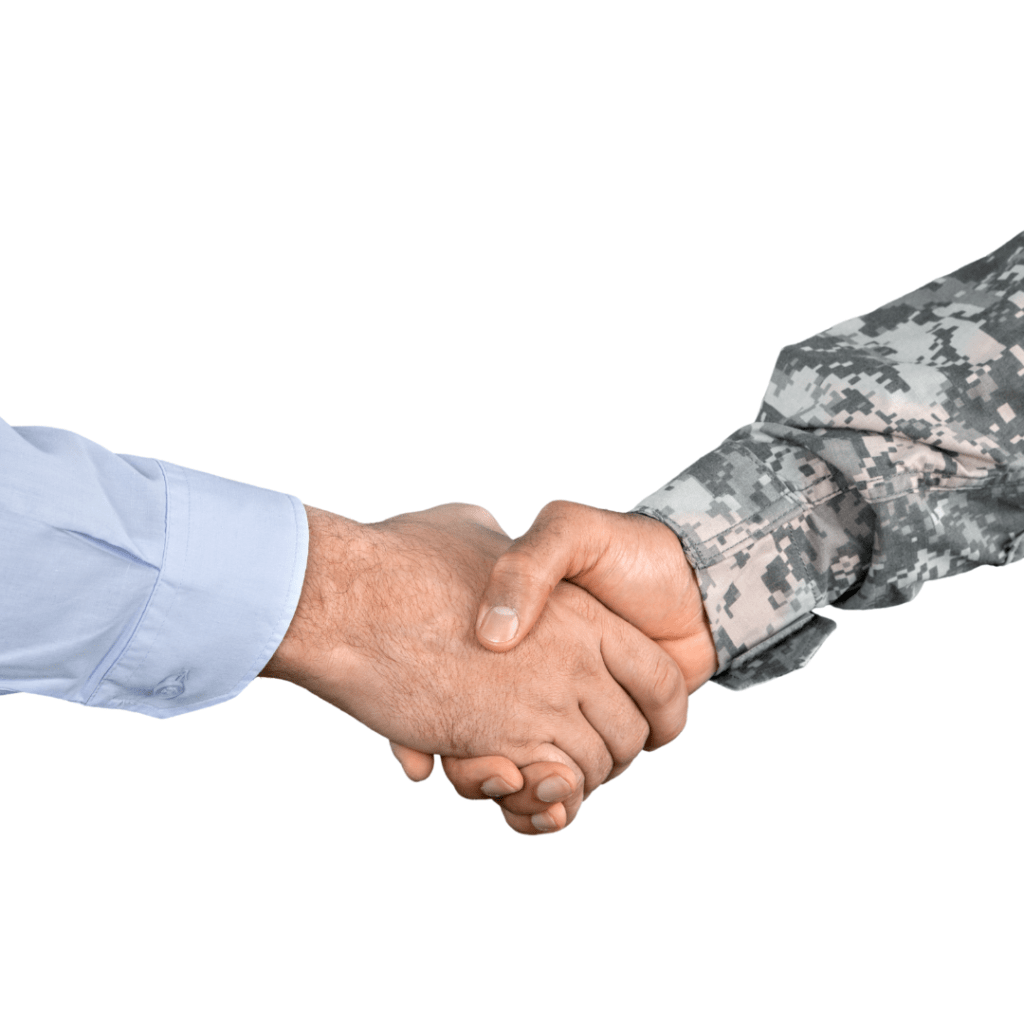 Picture of a veteran shaking hands with a business man to represent veteran employment simulations and veteran transition.