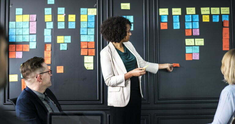 Picture of business people with many sticky notes to represent change management and organizational change methods.